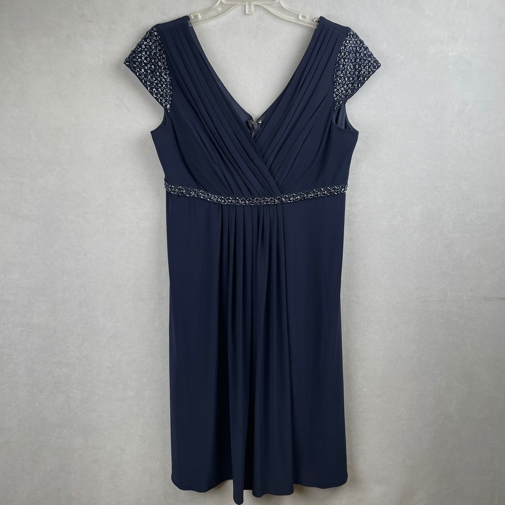 Cachet Navy Blue Beaded Cap Sleeve Pleated V-Neck Cocktail Evening Dress Gala 14